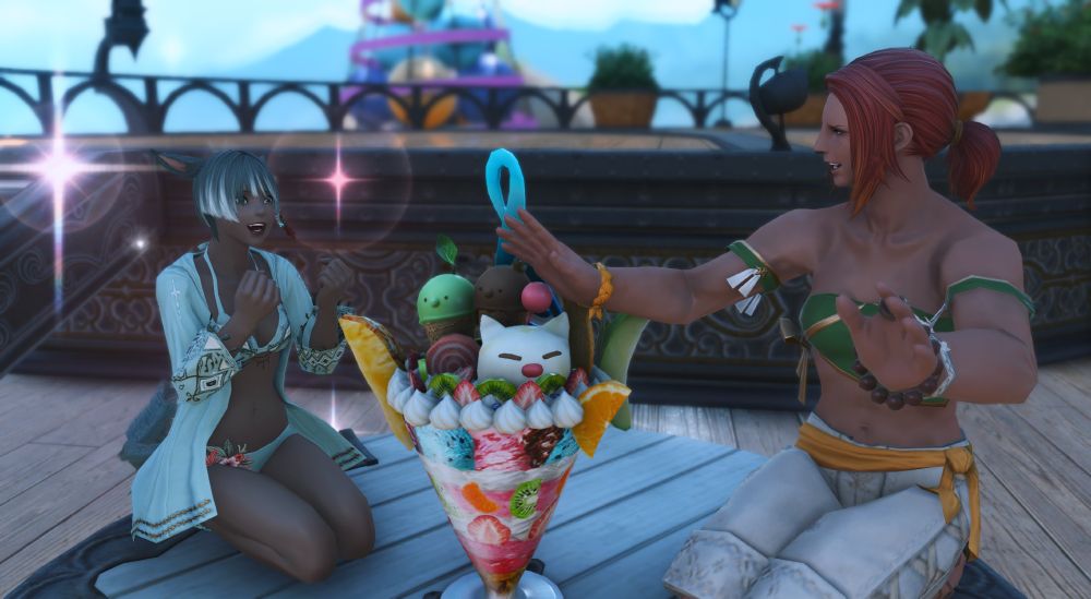 Tahla (a brown-skinned, teal-haired catgirl in a bikini) looking overjoyed at the sight of the ice cream parfait bigger than her entire torso. Her wife Em (a hellsguard roegadyn with red hair) looks justifiably concerned about the situation.