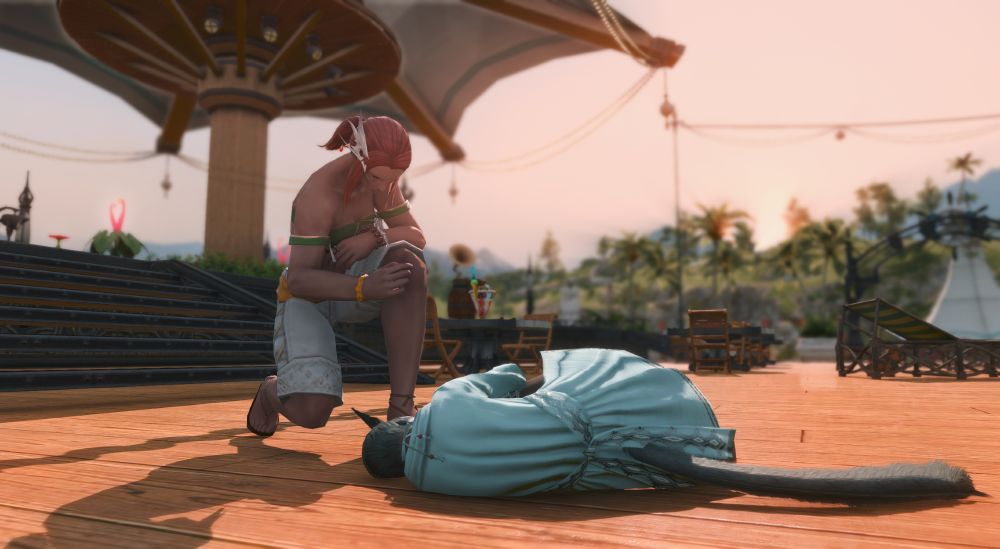 Here lies Tahla Amariyo, Warrior of Light, brought low by an ice cream parfait. Em kneels worriedly over her collapsed form.
