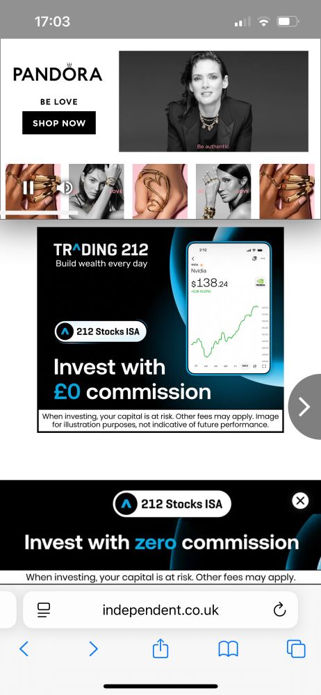 Image from The Independent website as I try to read a football article in my phone.

There is zero article text visible but, there are three adverts for shit I’m not remotely interested in covering the entire screen!

Whoop-de-fucking-doo.