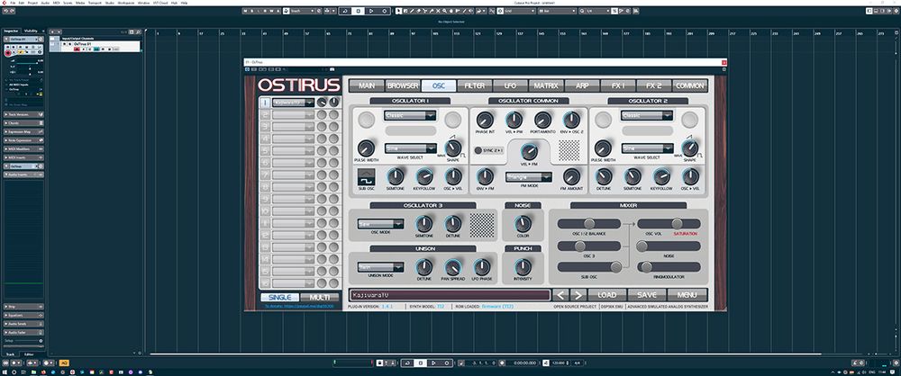 Screenshot of Cubase, with the OsTIrus VST running on it.