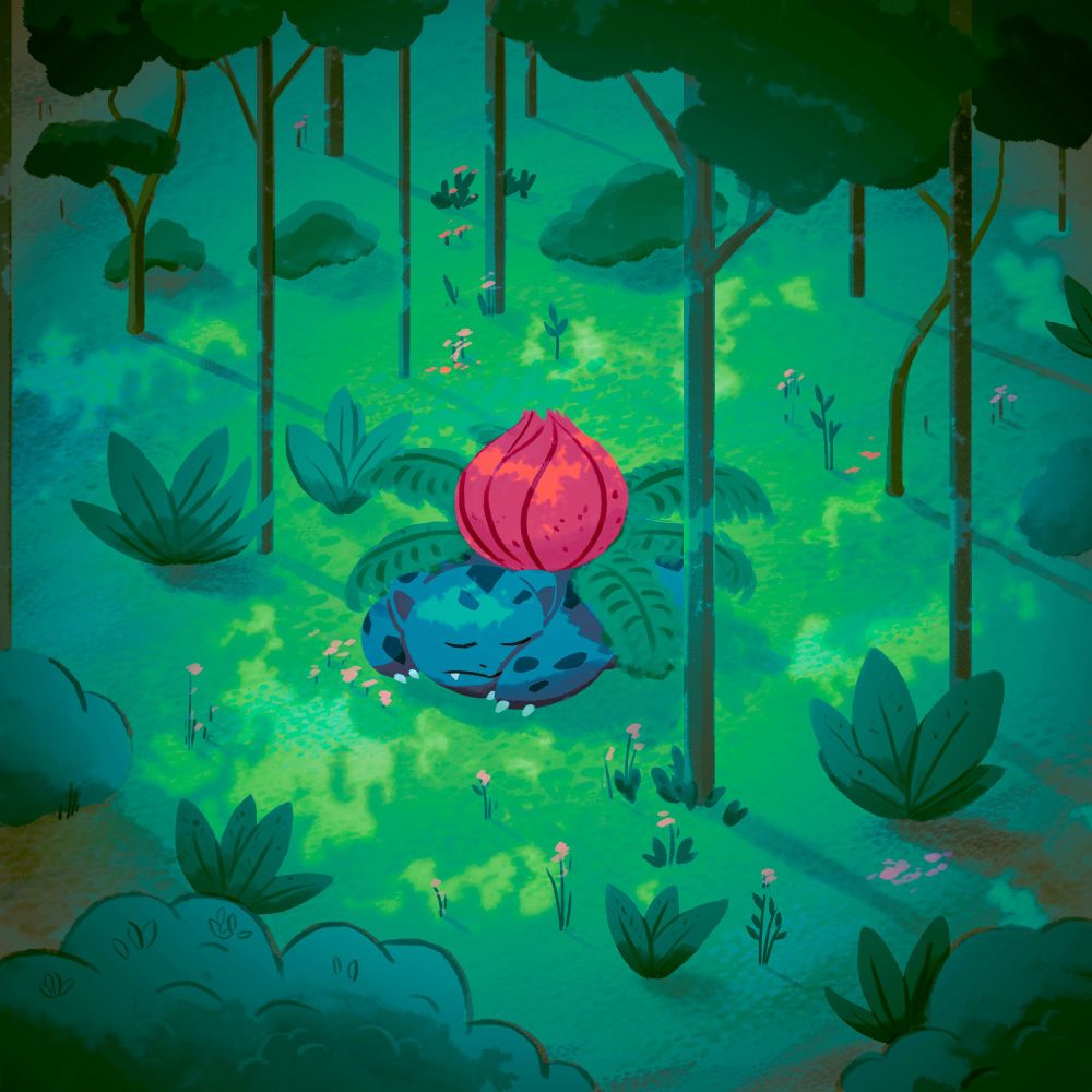 drawing; ivysaur from the pokemon franchise, sleeping i nthe midlle of the forest.