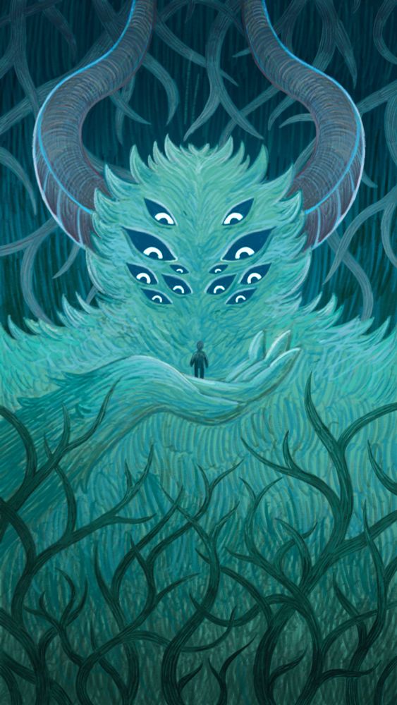 desenho; um monstro feito de galhos e folhas, segurando e observando um humano na palma de sua mão.