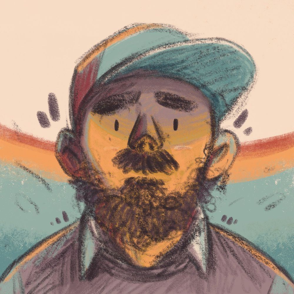 desenho; retrato, um rapaz usando blusa e boné, com bigode e barba.