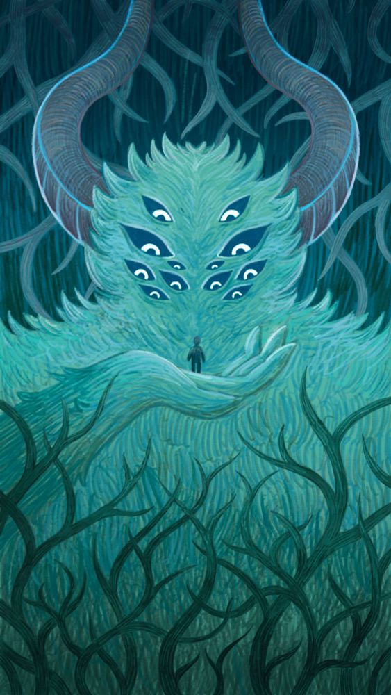 digital drawing; a wood monster holding a little guy;