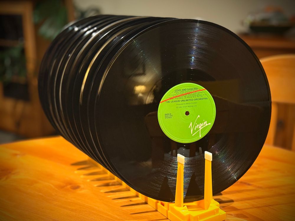 A picture of some newly washed vinyl records on a drying rack. 