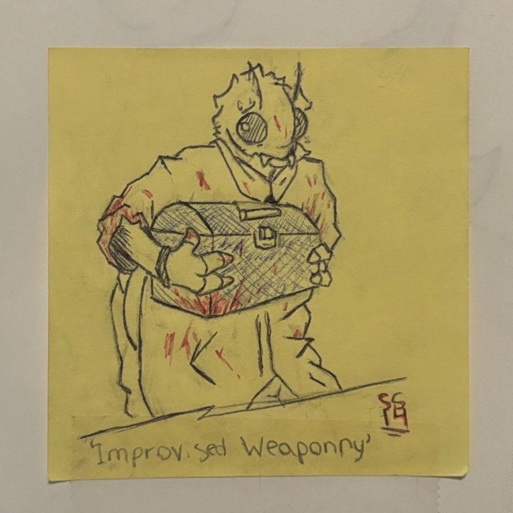 A sticky note with a moth person wearing a labcoat and holding a toolbox, both splattered in space carp blood.
