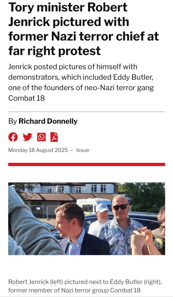 Headline: Tory minister Robert Jenrick pictured with former Nazi terror chief at far right protest.