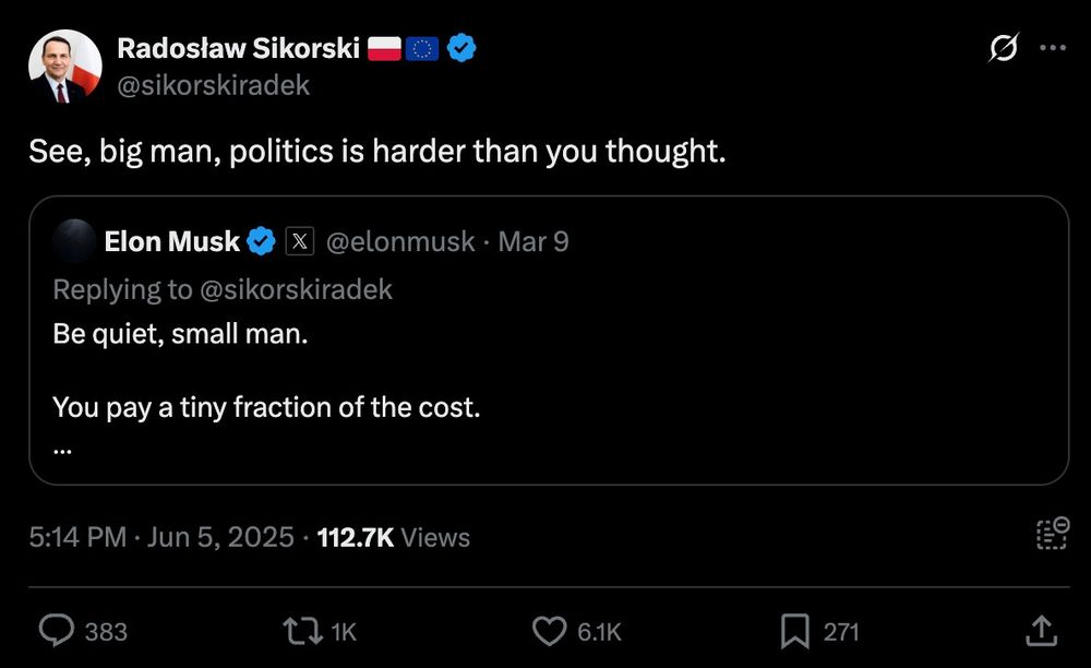 Tweet yesterday from Radoslaw Sikorski, replying to Musk calling him a "small man" three months ago.

"See, big man, politics is harder than you thought"