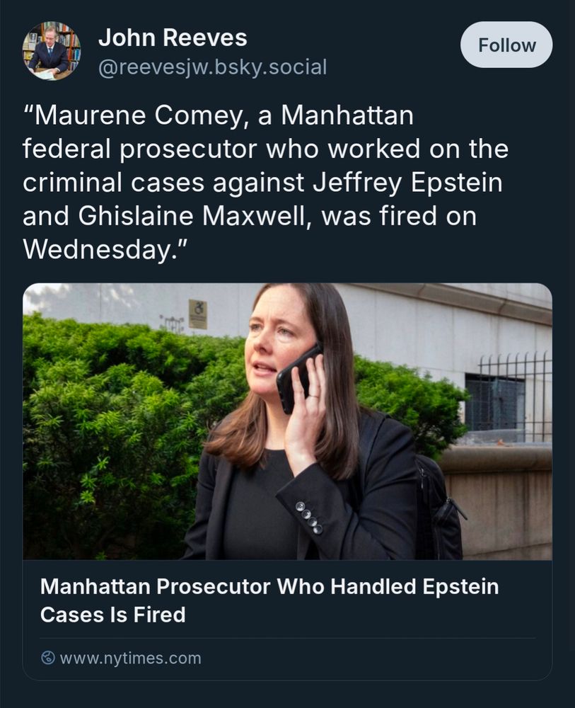 NYT article about Trump sacking Maurene Comey today, the federal prosecutor who made cases against Jeffrey Epstein and Ghislaine Maxwell.