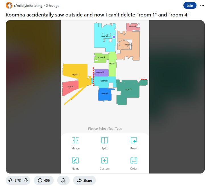 Reddit post headed "Roomba accidentally saw outside and now I can't delete "room 1" and "room 4" showing a map of the Roomba's picture of the world, which includes an ill-defined patch of outside listed as "room 1" and "room 2"