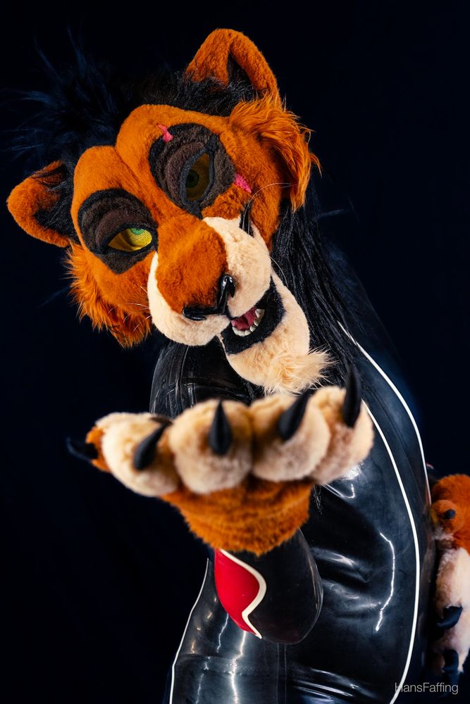 Scar fursuit wearing a rubber catsuit with red details.