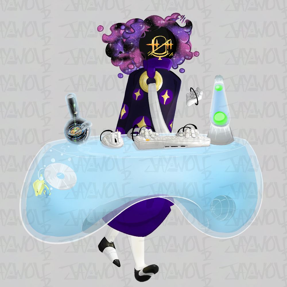 Metal space being floats before a glass desk that contains fish. Don't worry the fish enjoy it. They have two whole toys.