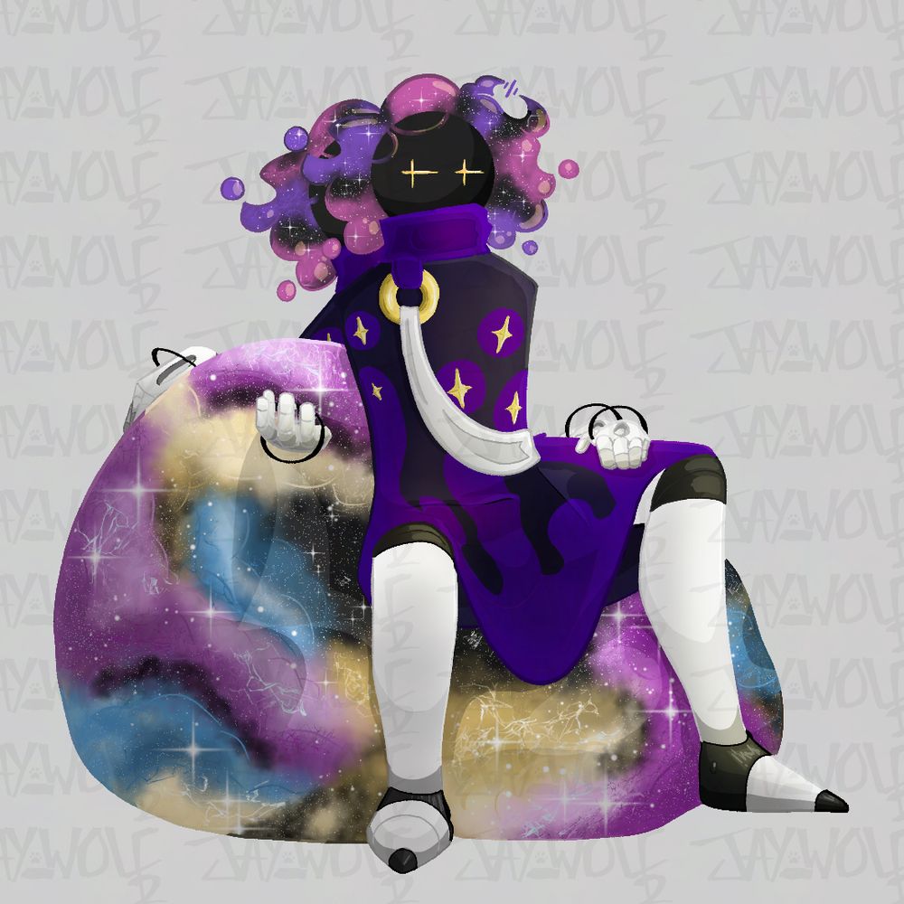 Metal space being sits upon a nebulous cloud confined in a bean bag. 