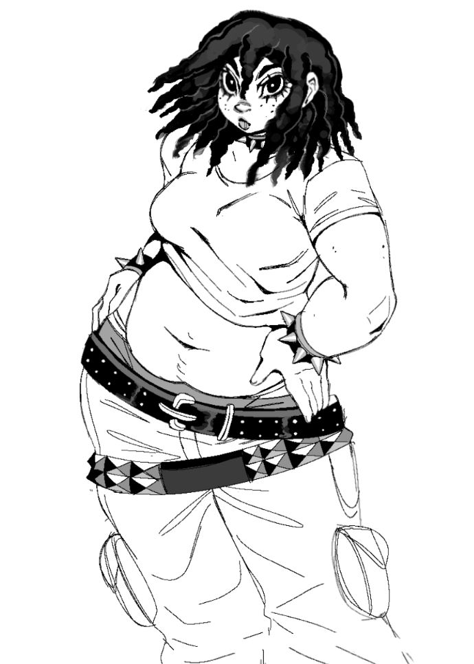 drawing of a fem-presenting black trans man, with black dreads, large black eyes with pointy eyelashes, and big lips

he wears a shirt that exposes his stomach, a huge belt followed by a huge studded belt, and baggy cargo pants 