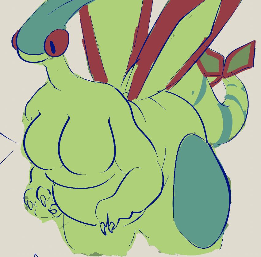 a digital doodle of a chubby, anthro Flygon woman.