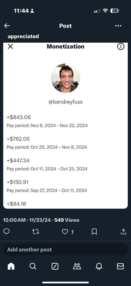 A Dreyfus list of X “pay period” payments for his high engagement posts on the former Twitter 