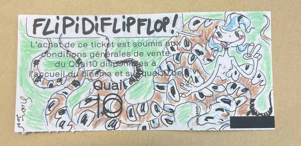 Sirène-pieuvre réalisée sur un ticket de cinéma. Elle dit "Flipidiflipflop !"
