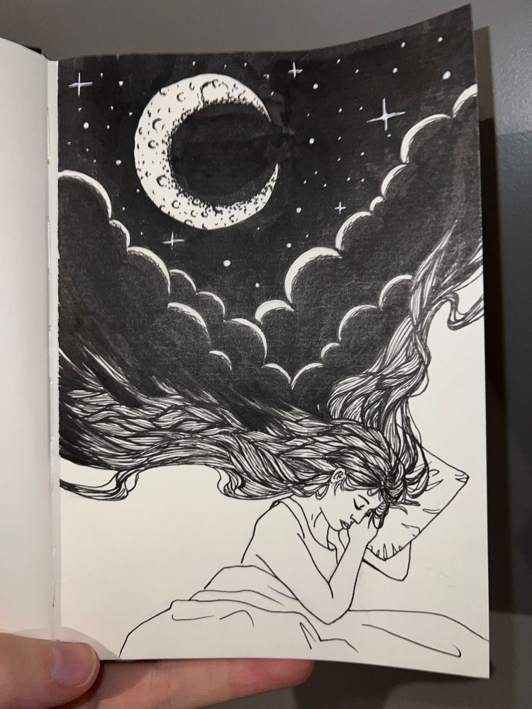 Dessin à l’encre noir d’une femme endormie dans les cheveux se transforment en bio étoilée.