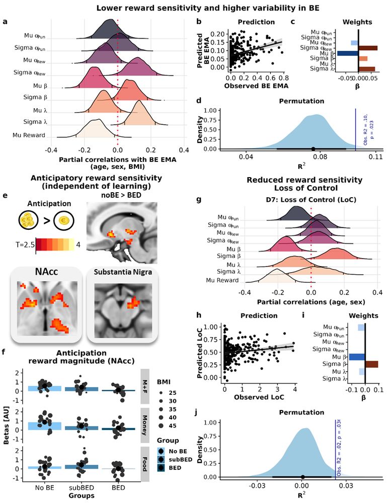 Binge eating (BE) is associated with reduced but more variable reward sensitivity. The panels show associations of BE with learning parameters and an fMRI-based reward sensitivity measure derived from the cue stage of an effort task (independent of learning).