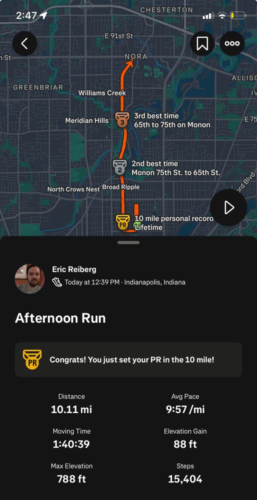 Strava stats for a 10 mile run