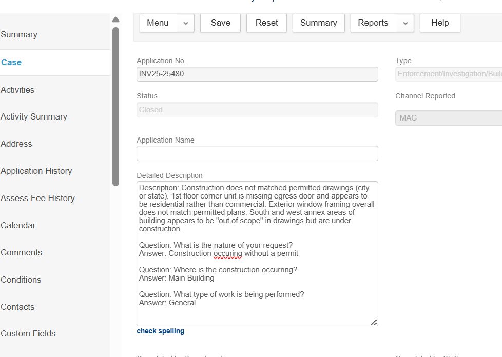 Accela complaint for building at 30th and College:Description: Construction does not matched permitted drawings (city or state). 1st floor corner unit is missing egress door and appears to be residential rather than commercial. Exterior window framing overall does not match permitted plans. South and west annex areas of building appears to be "out of scope" in drawings but are under construction.

Question: What is the nature of your request?
Answer: Construction occuring without a permit

Question: Where is the construction occurring?
Answer: Main Building

Question: What type of work is being performed?
Answer: General
