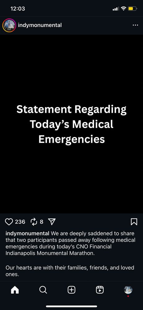 Indy Monumental Maratho Instagram announcement stating two people passed away during the race!