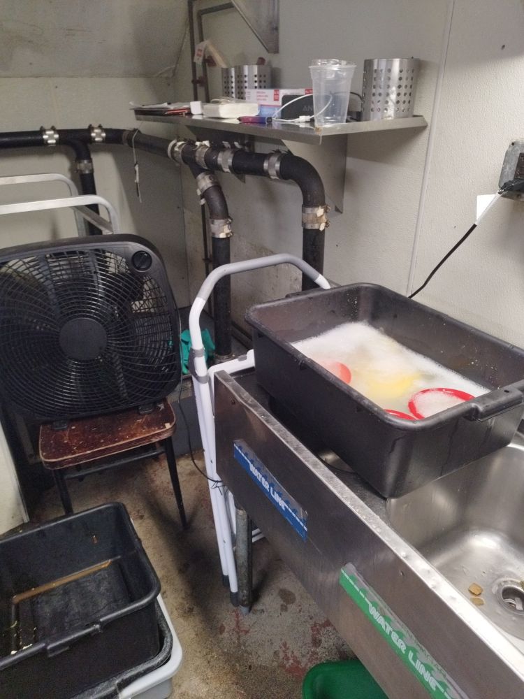 A black tray of dishes soaking in soapy water rests on a metal sink. An alcove with a fan resting on a chair is behind it. 