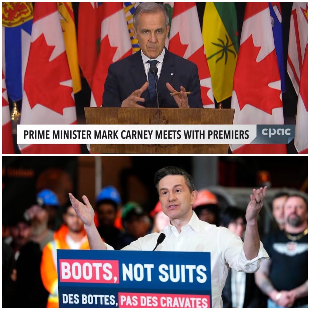 Split screen of both Carney and Poilievre at podiums.