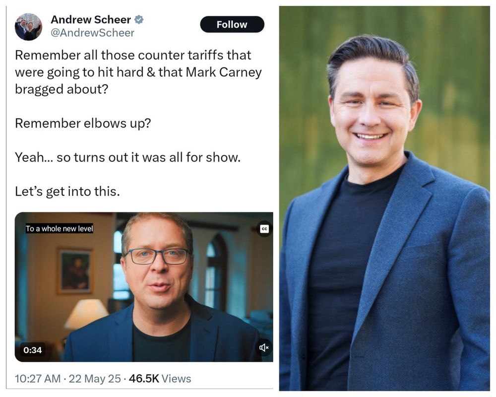A new photo of Scheer next to a photo of Poilievre in similar clothes and glasses.