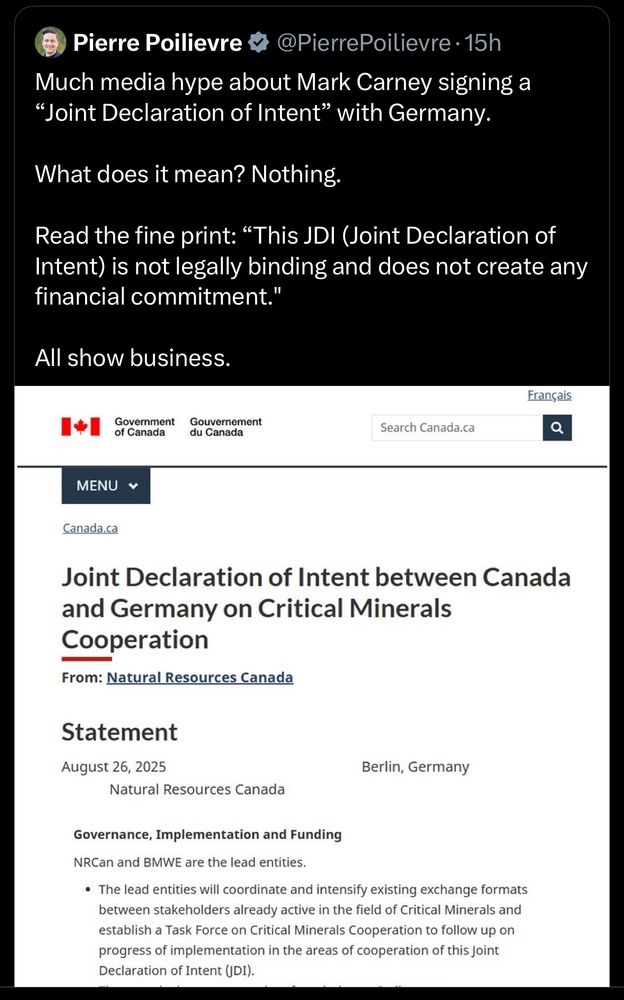 Tweet by Pierre Poilievre @PierrePoilievre • 15h Much media hype about Mark Carney signing a 