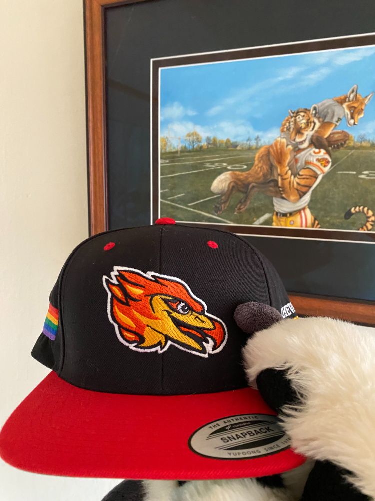 Firebird logo snapback cap with rainbow flag on left side, Chevali Firebirds name on right, and Forester Universe logo on back.