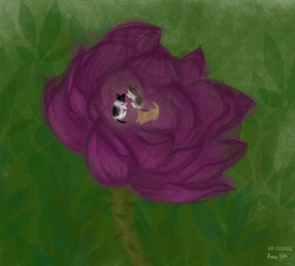 Three little kittens laying cozyly inside a blossoming purple rose. Background filled with green leaves.