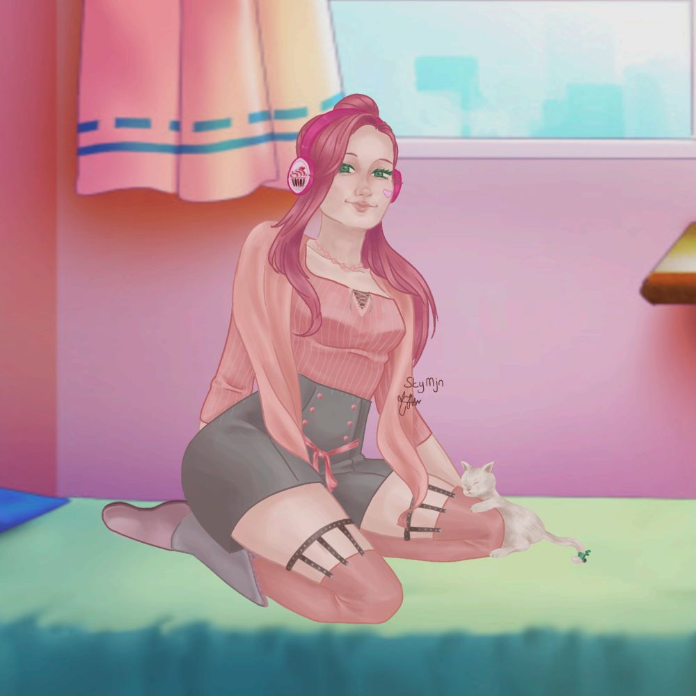 The character Candy from My Candy Love: Highschool drawn sitting on her bed with a white cat next to her. She's wearing a pink blouse, a pink scarf, grey shorts with pink accents and pink stockings. She's got grey and pink colored boots. She has dakr pink hair with vibrant pink headphones, displaying the icon of the game on them. She's got a soft smile and green eyes, a little pink heart drawn on her left cheekbone.