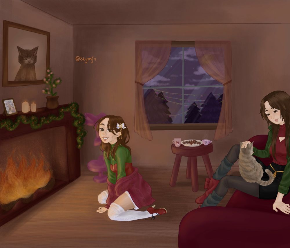 Drawing of two girls sitting in front of the fireplace. One of them is on the couch with a cat on her lap. The other near to the fireplace, appreciating the warmth and the light it brings. There is a plate next to them full of gingerbread men and both the girls' cups of hot drinks. The fireplace is decorated with leaves around it and on top are candles, a memory pictured in a frame of the two girls, a plant with pink flowers. Above the fireplace is a portrait on the wall of a cat. The window with transparent pink curtains shows a winter night with christmas lights and tall trees.