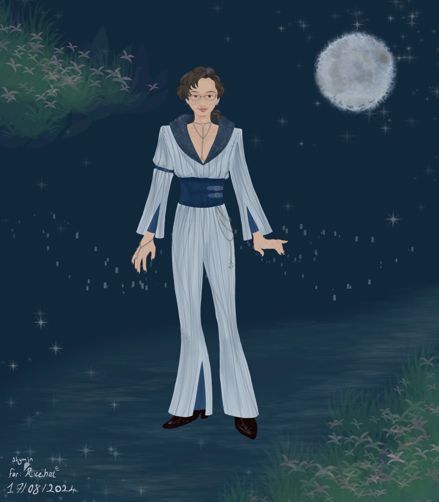 Man in an elegant light blue suit with dark blue accents and various silver accessories as well as silver glasses. Starry night themed with the man standing on a slight reflection of a river, as well as riverside plants and flowers on the side.