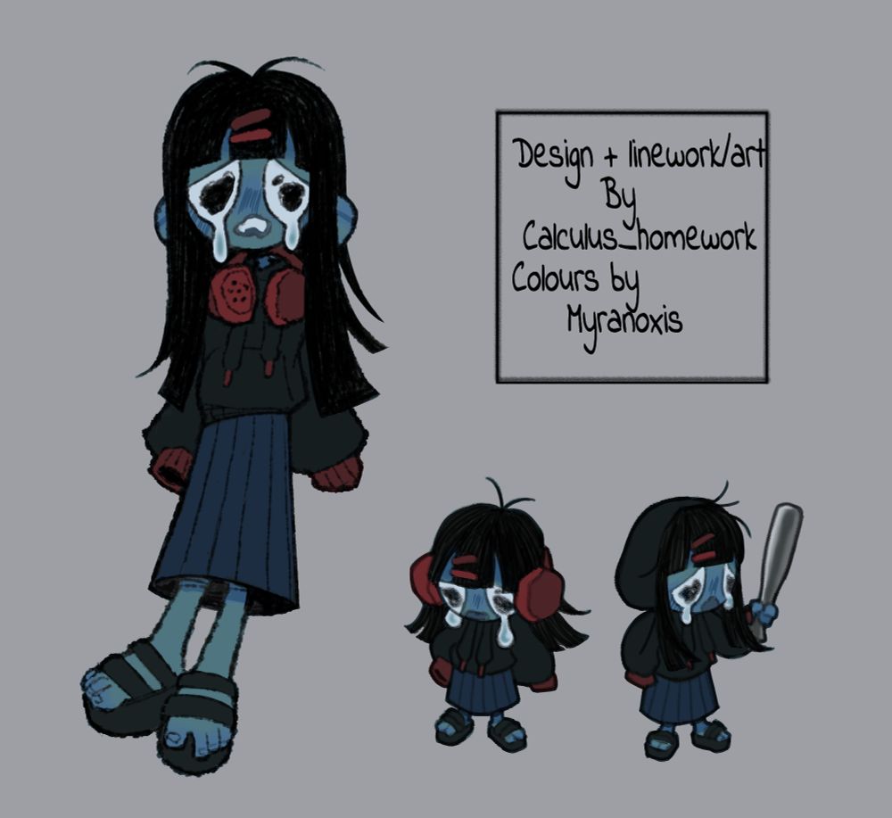 A female ghoul with long black hair, tealish skin with weepy eyes wearing a hoodie and  long sailor skirt. Two small chibis of the same character, on the right she is holding a bat