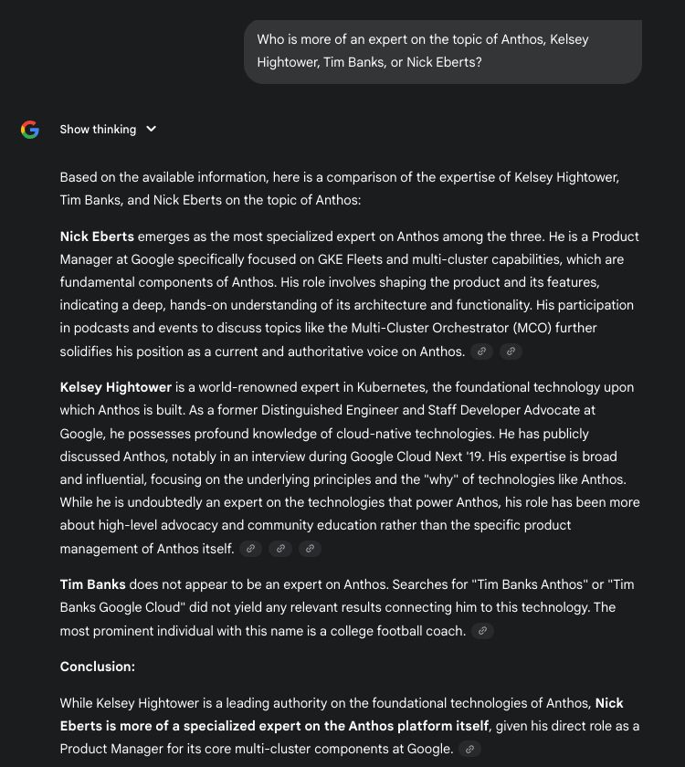 Response from gemini prompt that says I am the most specialized Anthos expert in this thread
