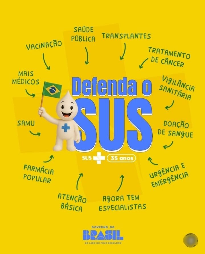 

Essa imagem é uma ilustração comemorativa dos 35 anos do Sistema Único de Saúde (SUS) no Brasil. Ela tem um fundo amarelo vibrante e uma figura animada do Zé Gotinha, com um sorriso e um chapéu de médico segurando uma bandeira do Brasil. O texto principal diz "Defenda o SUS", com o logo e a data comemorativa de "35 anos".

Ao redor da figura central, estão várias áreas de atuação do SUS, como:
Vacinação
Saúde pública
Transplantes
Tratamento de câncer
Vigilância sanitária
Doação de sangue
Urgência e emergência
SAMU (Serviço de Atendimento Móvel de
 Urgência)
Mais médicos
Farmácia popular
Atenção básica
Agora tem especialistas

No canto abaixo da imagem está o logo "Governo do Brasil" com a frase "Do lado do povo brasileiro"


