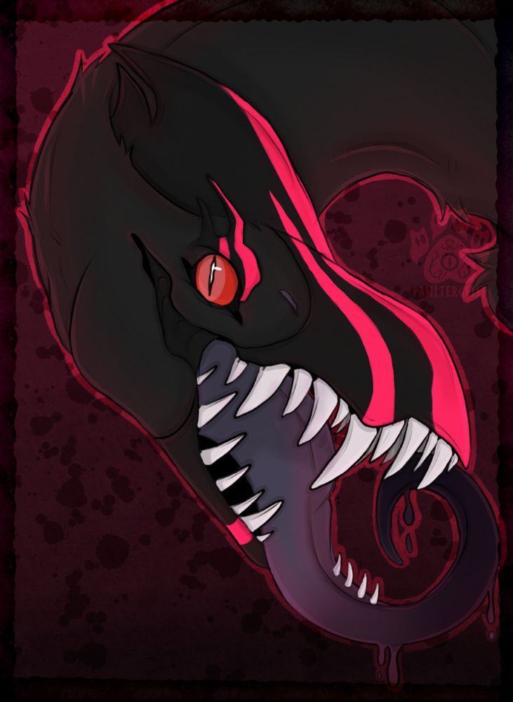 Headshot of a dinosaur/monster like character who is black with some bright pink stripes on his face/beak and top of his head. He has a long tongue and lots of sharp teeth. 