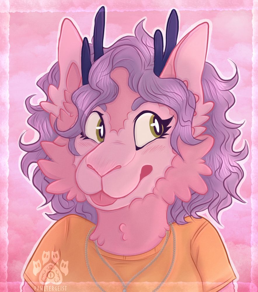 A headshot of a fluffy pink unicorn/alpaca/deer character with curly purple hair, blueish purple antlers, green eyes, two chains and a yellow shirt. The character is facing left and looking to the right with a smile and a tongue blep. The background is pink and 'fluffy cloud' looking.