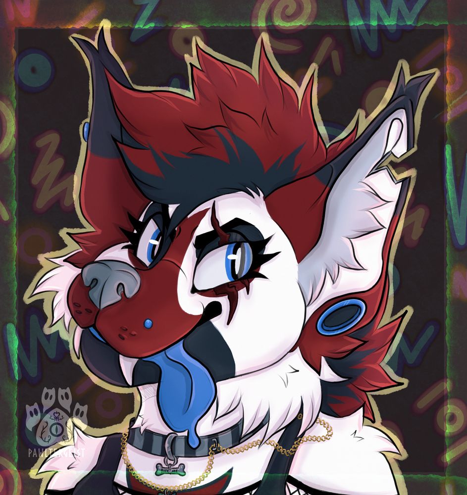 Headshot of a white, red and black female fennec fox character with a large red and black mohawk. She is facing left with a smirk. She has blue eyes, a scar over one eye and blue piercings. She is wearing a striped collar that has a bone charm and a chain attached, she has a solid and mesh vest on. The background looks like a retro arcade carpet with lots of shapes and squiggles. 
