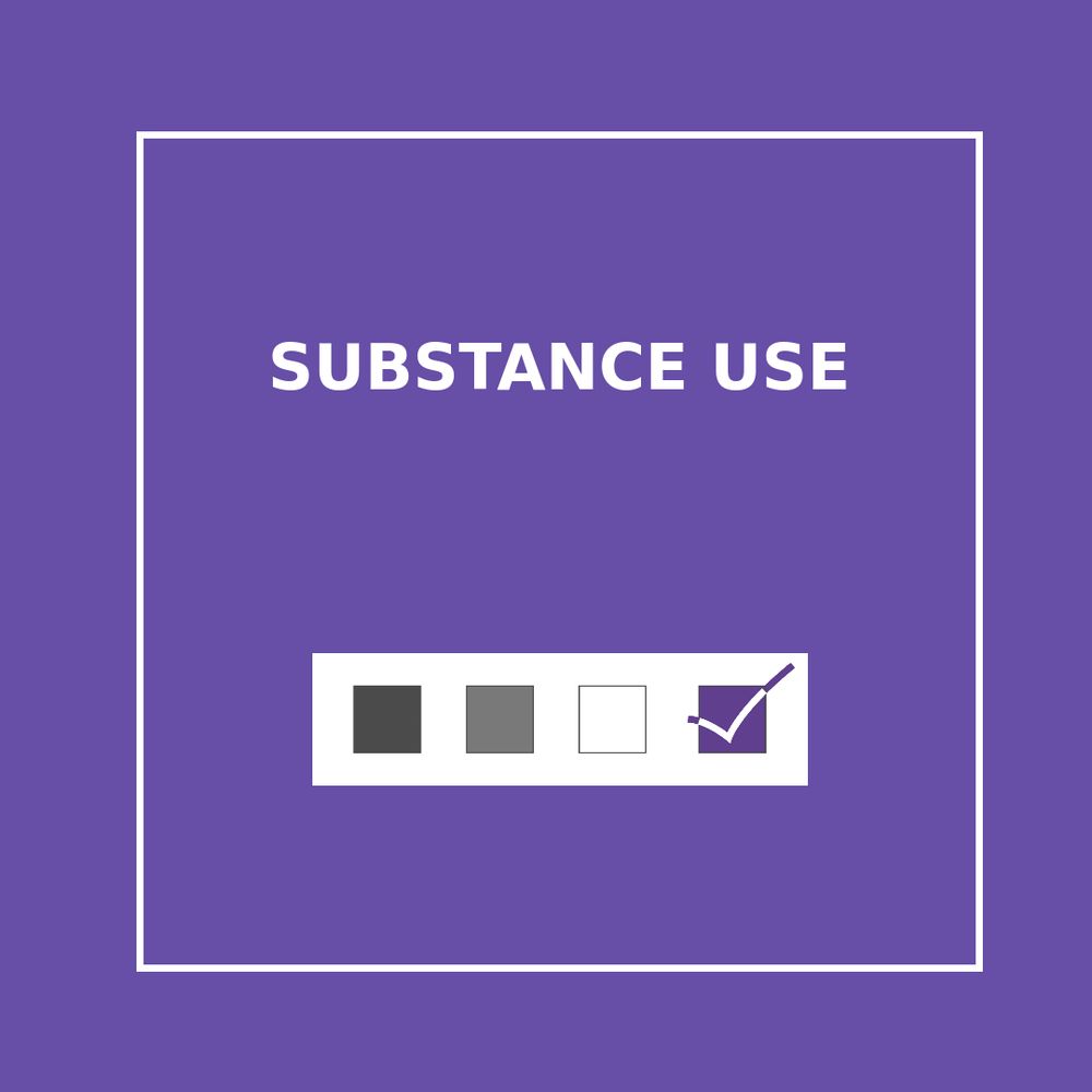 White letters that say "Substance use" over a purple background and the logo of the Ace Community Survey Team (four squares colored with the asexual flag colors. The last one has a white tick over it).