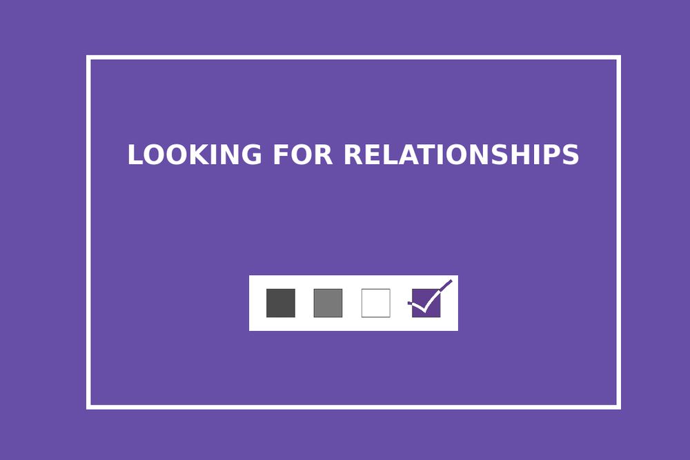White letters that say "Looking for relationships" over a purple background and the logo of the Ace Community Survey Team (four squares colored with the asexual flag colors. The last one has a white tick over it).