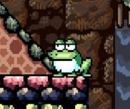 a close up of a frog pirate boss from yoshi's island. it is a large green frog with a smirk