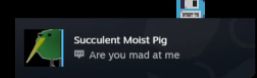steam message from succulent moist pig asking "are you mad at me"