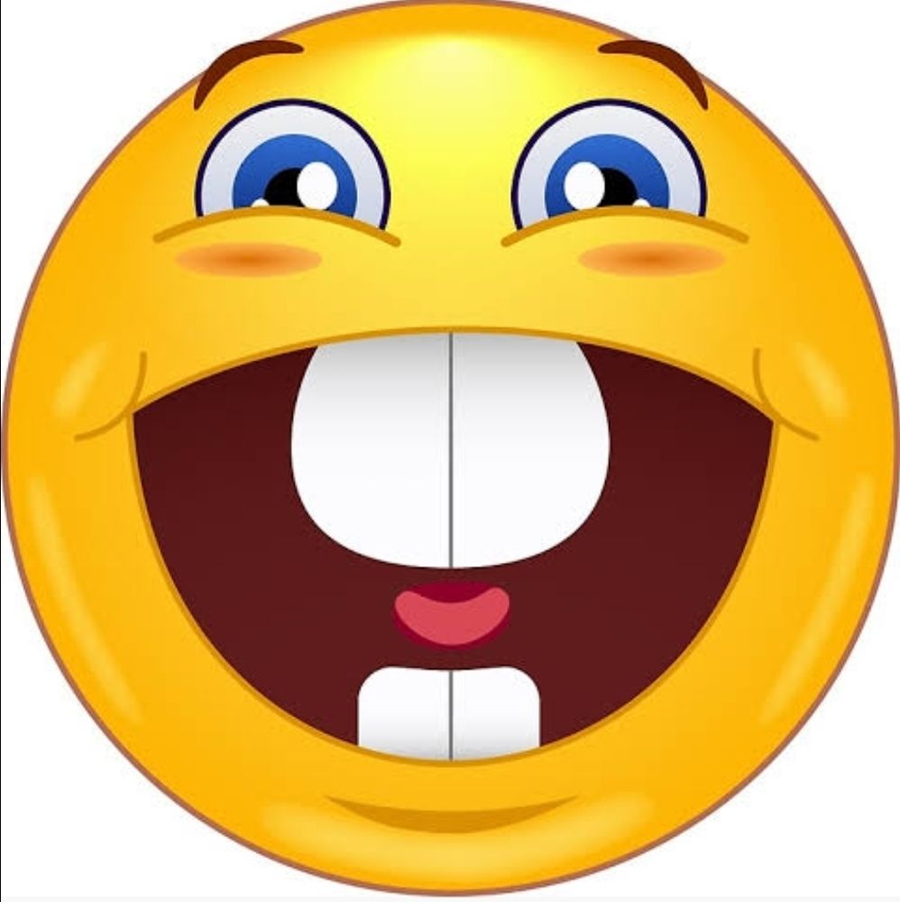 um emoji feliz e bobão.
ele está com a boca aberta mostrando 2 dentes em cima e 2 em baixo na boca sorridente dele