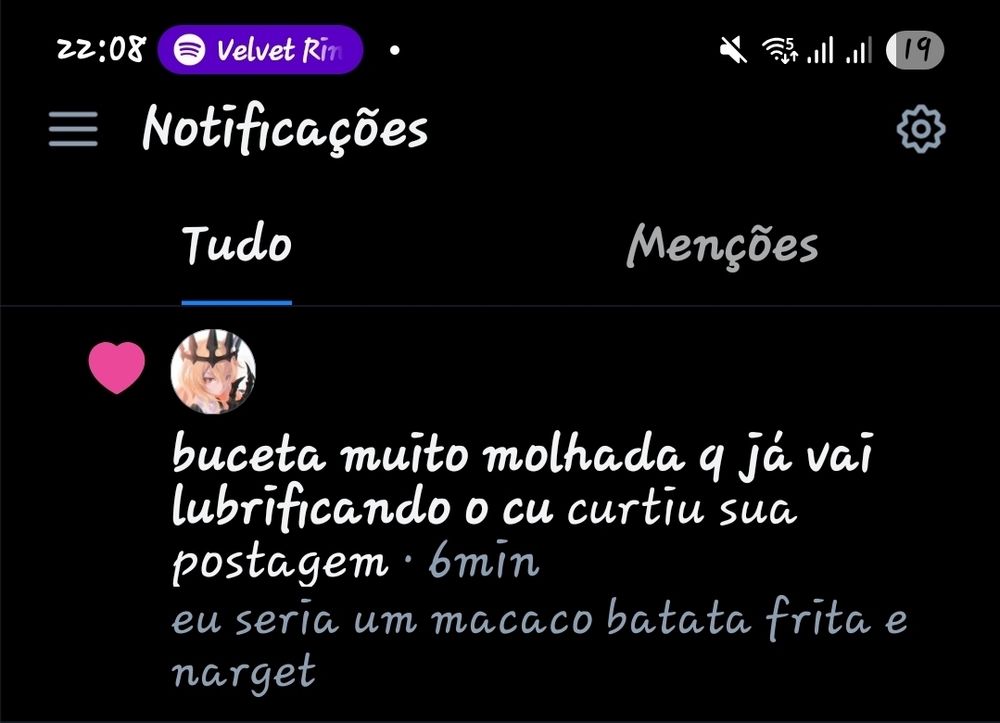 um print de uma notificação do bluesky dizendo que buceta muito molhada que já vai lubrificando o cu curtiu minha postagem que diz "eu seria um macaco batata frita e narget"  