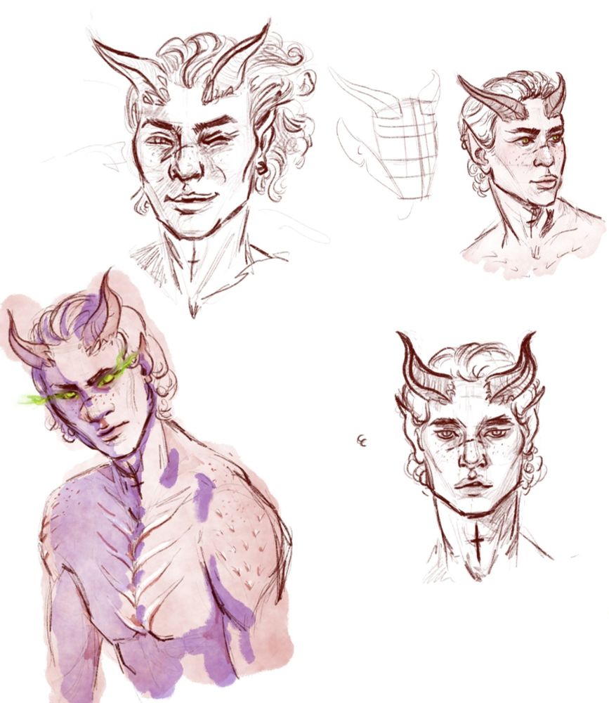 Sketch sheet of creator's customisable character Tav from the video game Baldur's Gate 3. Sketches are busy portraits of a Tiefling male with short horns, strong jaw, freckled cheeks and scarred nose.