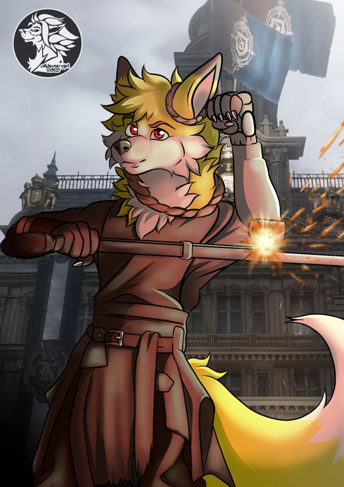 A fox grinding a blade in front of a city hall
