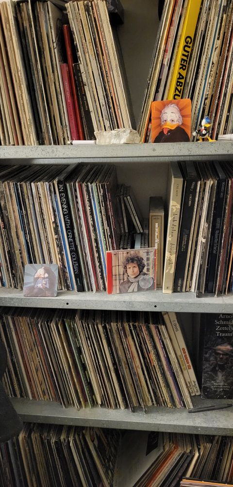 ein haufen schallplatten im regal, zum beispiel dylan, cramps, coleman, coltrane, carla bley, soft machine, pink floyd, iggy pop, sex pistols, fairport convention, charlie parker und massenhaft rares und obskures.